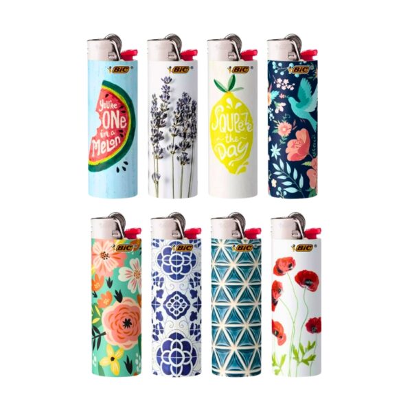 Eight BIC lighter covers arranged in two rows of four on a plain white background. Each cover features a different colorful floral, botanical, or patterned design, including watermelon, lavender, lemon, bird, peach, blue geometric, and poppy motifs.