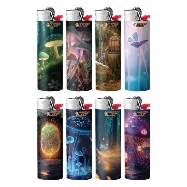 Eight BIC lighter covers arranged in two rows of four on a white background, each featuring a different colorful fantasy illustration such as mushrooms, a butterfly, a glowing orb, and a treehouse scene.