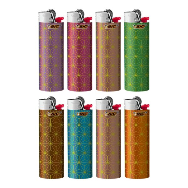 Eight BIC lighter covers arranged in two rows of four on a white background, each with a different base color and a yellow geometric flower pattern.