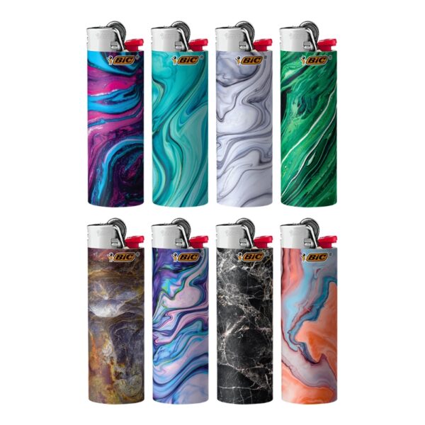 Eight BIC lighter covers arranged in two rows of four on a white background, each with a different marbled swirl pattern including purple, teal, white, green, brown, pink, black, and orange.