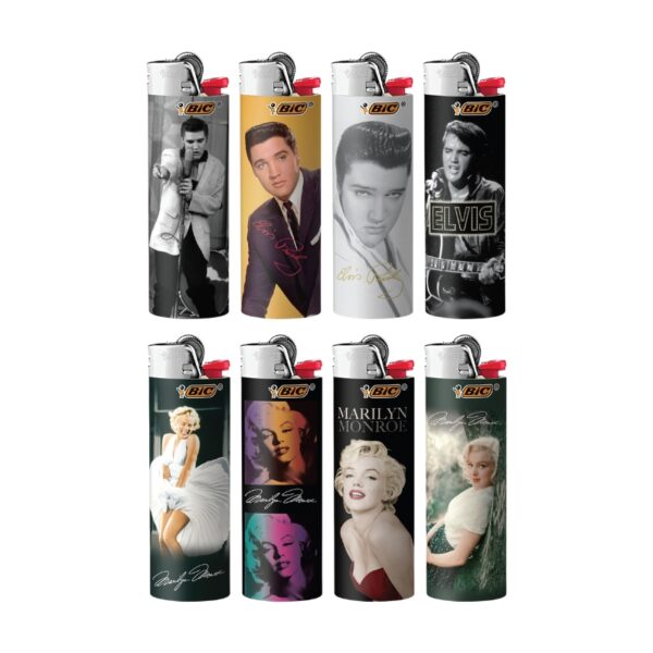 Eight BIC lighter covers featuring Elvis Presley and Marilyn Monroe designs, arranged in two rows of four on a plain white background.
