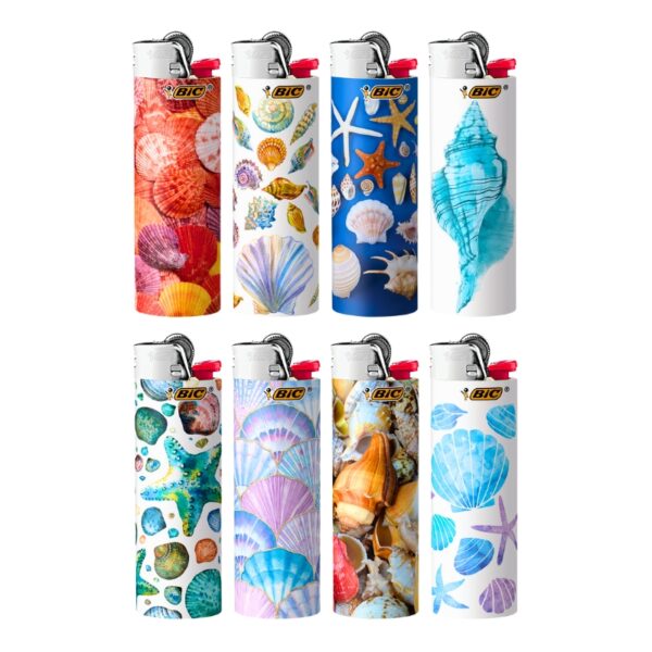 Eight BIC lighter covers featuring various colorful seashell and starfish sea life patterns, arranged in a 2x4 grid on a plain white background.