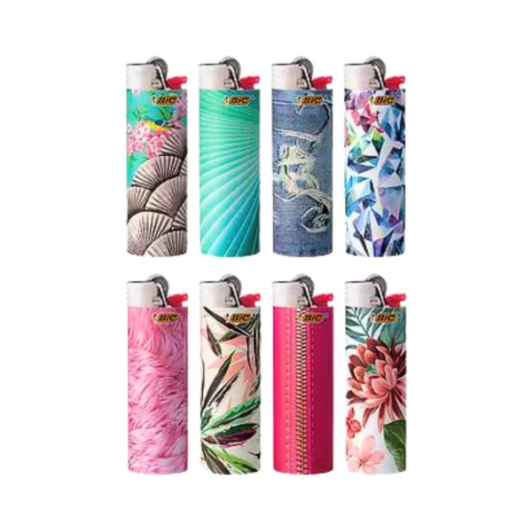 Eight BIC lighters arranged in a 2x4 grid on a plain white background, each with a different colorful printed design including floral, geometric, and abstract patterns.