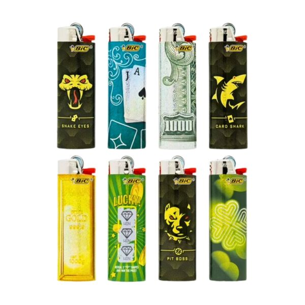 Eight BIC lighters arranged in a 2x4 grid on a plain white background, each with a different printed design including snake eyes, playing cards, a 1000 dollar bill, card shark, gold bar, lucky 7, pit boss, and a green four-leaf clover motif.