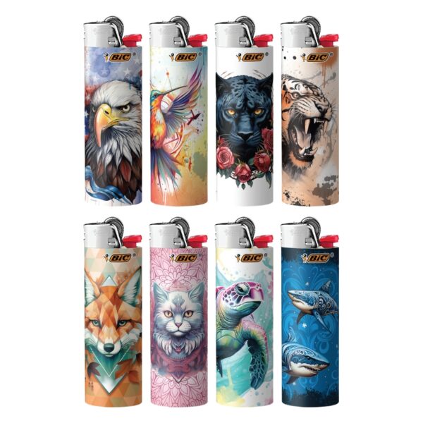 Eight BIC lighters arranged in two rows of four on a plain white background. Each lighter has a different animal or nature-themed graphic design, including an eagle, bird, panther, tiger, fox, cat, turtle, and shark.