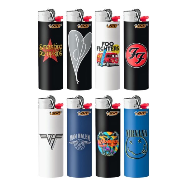 Eight BIC lighters arranged in two rows of four on a plain white background, each featuring a different band or artist logo and graphic design including Smashing Pumpkins, Foo Fighters, JJ, Van Halen, Nirvana, and a multicolor tie-dye graphic.