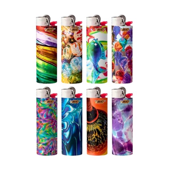 Eight BIC lighters arranged in two rows of four on a plain white background, each featuring a different colorful printed design including swirls, fish, and abstract patterns.
