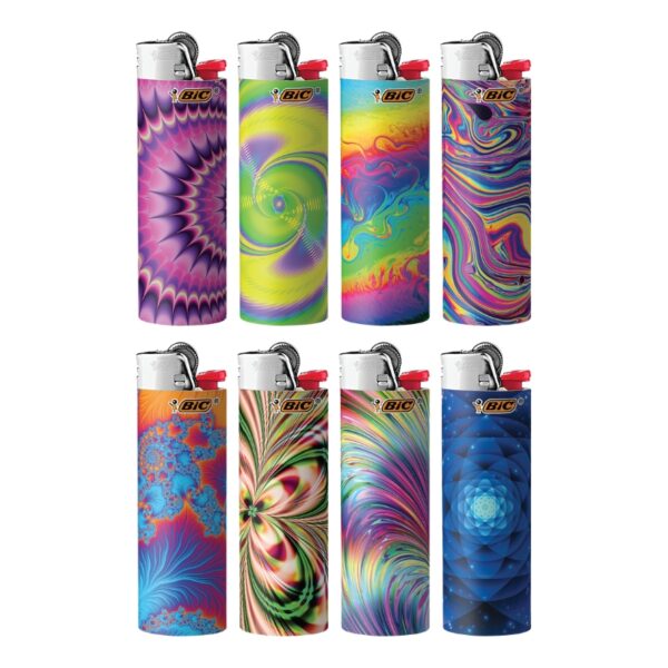 Eight BIC lighters arranged in two rows of four on a plain white background, each featuring a different vibrant psychedelic swirl pattern.