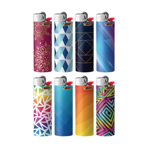 Eight BIC lighters arranged in two rows of four on a plain white background, each with a different colorful printed design including floral, geometric, and abstract patterns.