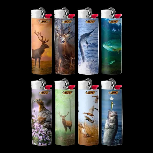 Eight BIC lighters arranged in two rows of four on a white background, each featuring a different nature-themed wrap design including deer, a dolphin, fish, a bird, birds, and a shark.