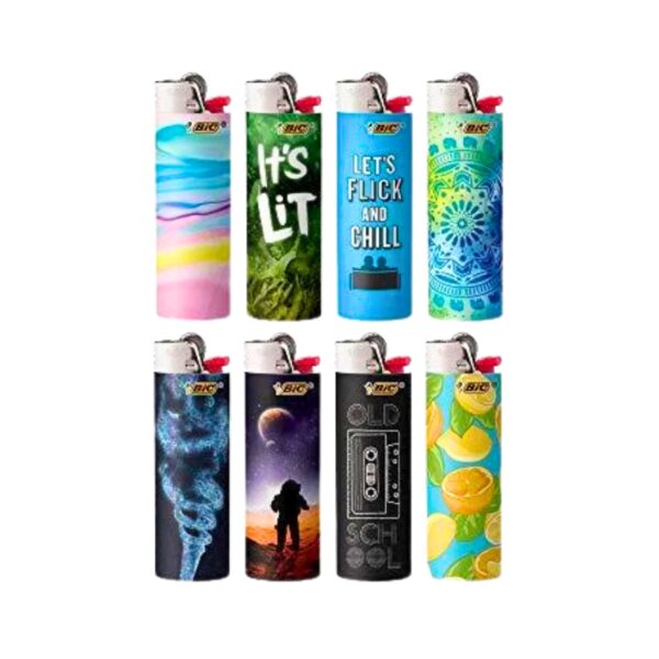 Eight BIC lighters with colorful graphic designs are arranged in two rows of four on a plain white background. The designs include pastel waves, green text on a leafy background, blue text on a leafy background, a blue spiral, a space scene, a cassette tape, and lemons.