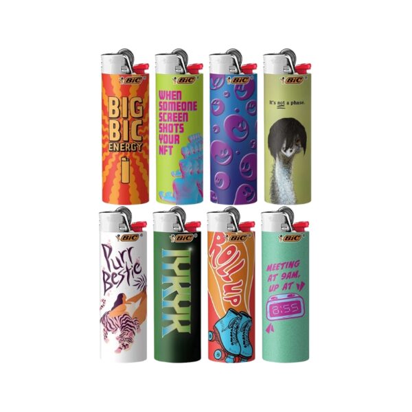 Eight BIC lighters with colorful retro and modern graphic designs, arranged in two rows of four on a plain white background.