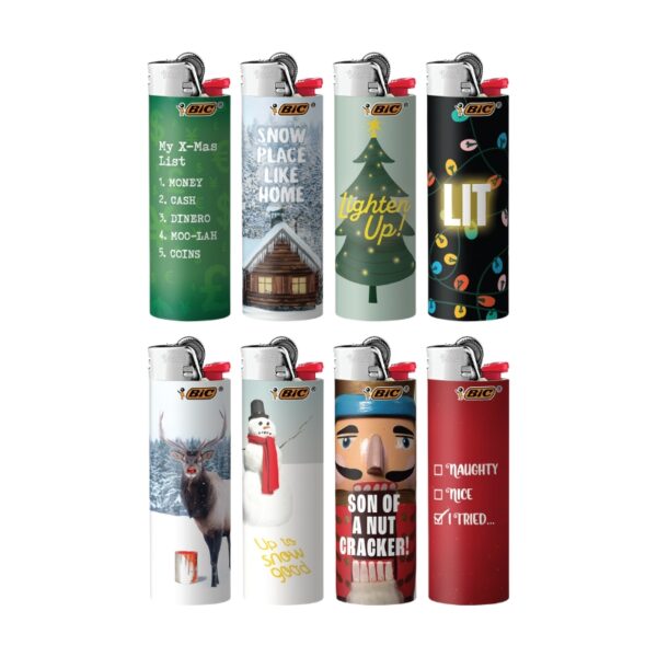 Eight BIC lighters with custom printed designs, arranged in two rows of four on a plain white background. The designs include a green list, a snowy cabin, a Christmas tree, holiday lights, a reindeer, a snowman, a nutcracker face, and a red checkbox list.