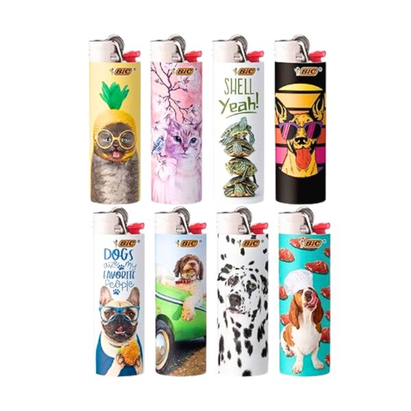 Eight BIC lighters with dog-themed designs, arranged in a 2x4 grid on a plain white background. The designs include a dog in a pineapple headband, a pink cherry blossom tree, 'Shell Yeah!' text with a frog, a black dog in sunglasses, a French bulldog with a blue shirt, a dog in a green car, a Dalmatian spot pattern, and a Beagle chef holding a bone.