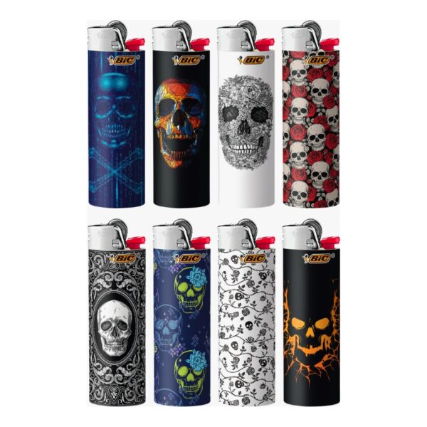 Eight BIC lighters with skull and horror-themed designs, arranged in a 2x4 grid on a plain white background.