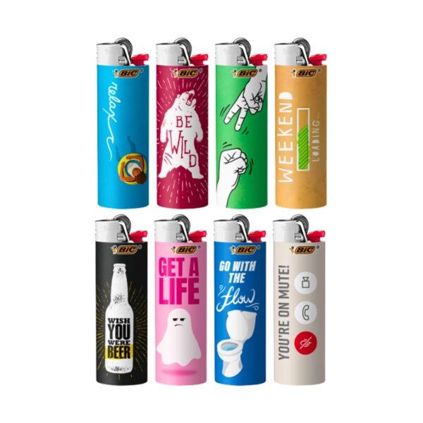 Eight BIC novelty lighter designs arranged in a 2x4 grid on a plain white background. The lighters feature various humorous and graphic designs including a polar bear, a toilet, a beer bottle, a ghost, and a smartwatch interface.