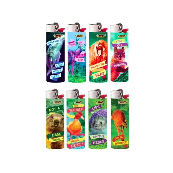 Eight BIC novelty lighter designs arranged in two rows on a plain white background. Each lighter has a different colorful animal-themed graphic and slogan, including a tiger, lion, bear, monkey, and other jungle animal illustrations.