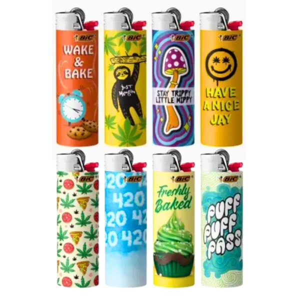 Eight BIC novelty lighter designs arranged in two rows on a white background, each with a different colorful graphic and slogan including 'Wake & Bake', 'Stay Trippy Little Nuth', 'Have a Nice Jay', 'Freshly Baked', and 'Puff Puff Pass'.