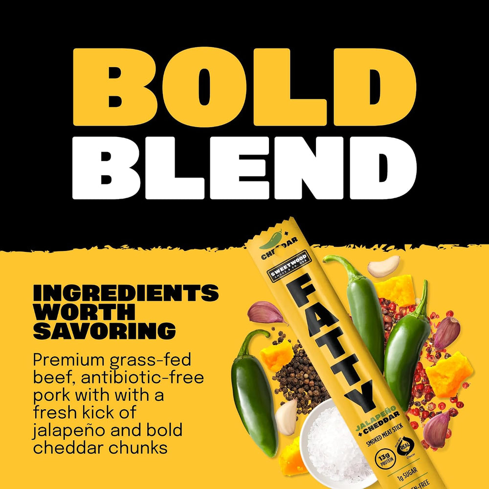 Fatty snack bar packaging with bold text and ingredients on a yellow background