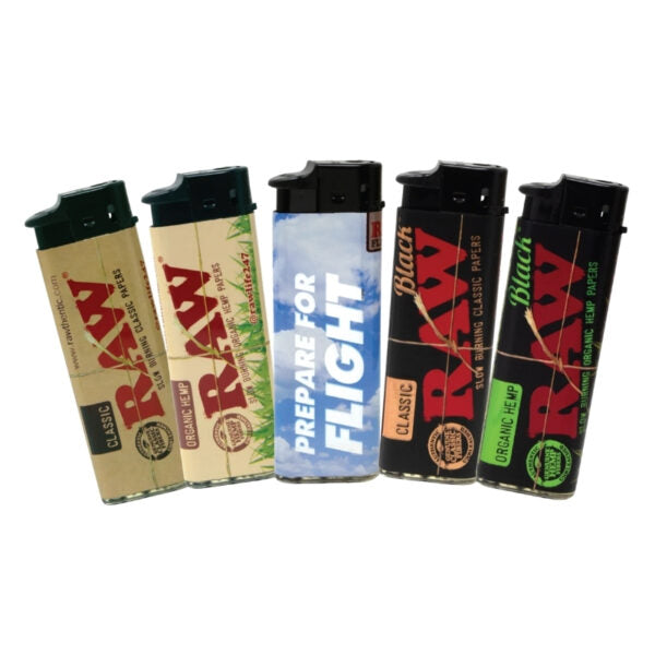 Five RAW brand rolling paper lighters in different designs and colors, arranged in a row against a plain white background.