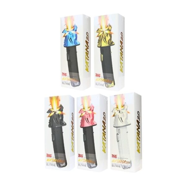 Five boxed Katana 2.0 butane torch lighters in different flame colors (blue, gold, orange, pink, and white) arranged on a plain white background.