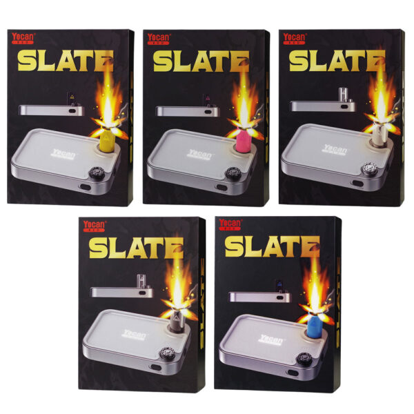 Five boxed products arranged in a 2x3 grid on a white background. Each box shows the brand name 'Yocan' and the product name 'SLATE 4' in large yellow text over a black background, with an illustration of a silver rectangular device and a colorful ignition flame.
