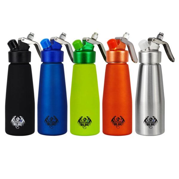 Five dispenser bottles with flip-top lids are shown side by side on a white background, in black, blue, lime green, orange, and silver. Each bottle has a dragon logo near the bottom.