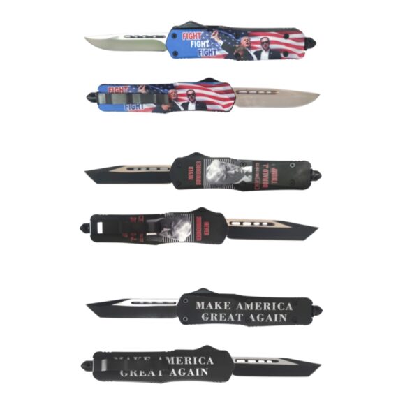 Five folding pocket knives with patriotic 'Make America Great Again' designs, shown vertically on a plain white background.
