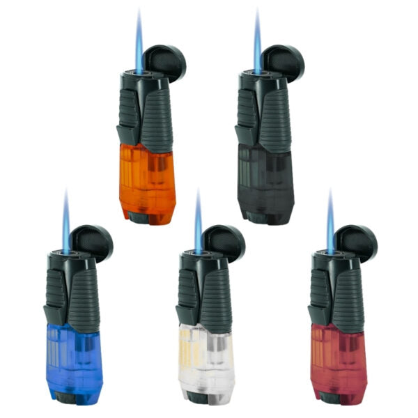 Five portable torch lighters shown on a plain white background, each with a blue flame ignited. The lighters have dark gray bodies and translucent colored sections in orange, black, blue, clear, and red.