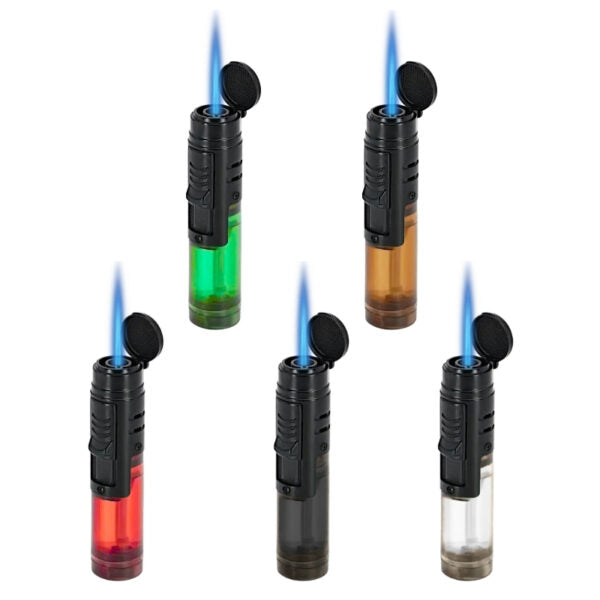 Five portable torch lighters with black bodies and blue flames, shown in different liquid colors: green, amber-brown, red, dark gray, and clear, on a white background.