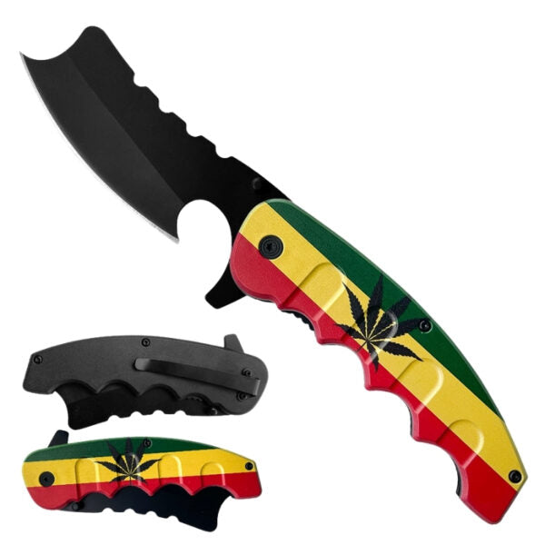 Folding knife with Rasta color scheme on a white background