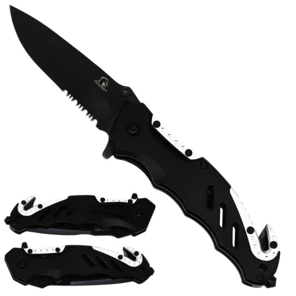 Folding pocket knives with black blades and handles, one in all black and the other with a red textured accent on the handle, displayed on a solid white background.