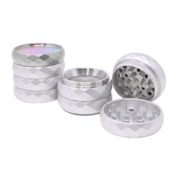 Four-piece silver aluminum herb grinder with a faceted diamond pattern, shown in both assembled and disassembled states on a white background.
