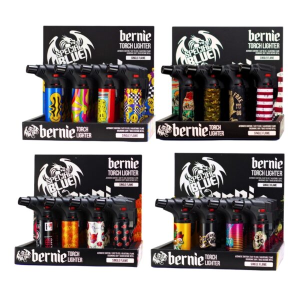 Four Bernie Torch Lighter display stands shown on a white background, each holding multiple black torch lighters with colorful printed designs including the Bernie Madoff dragon logo, skulls, stripes, and other patterns.