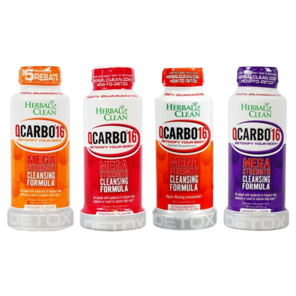 Four Herbal Clean QCarbo16 Mega Strength Cleansing Formula bottles in different color variants (orange, red, orange-red, and purple) lined up on a white background.