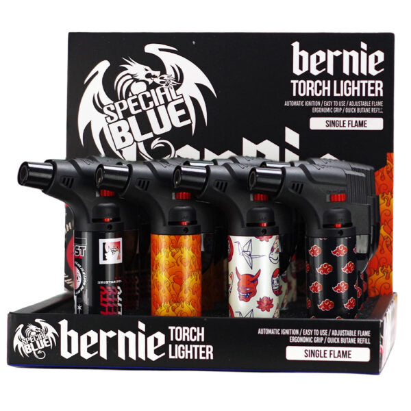 Four Spec'it Blue Bernie Torch Lighter single flame refill torch lighters displayed in a black retail counter tray with a branded backing card.
