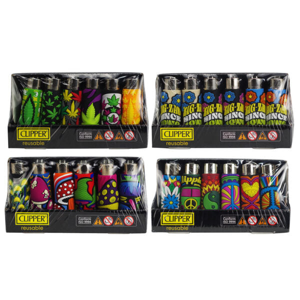 Four black Clipper reusable lighter packs arranged in a 2x2 grid on a white background. Each pack contains multiple colorful novelty lighters with various psychedelic and political designs including peace signs, hearts, and text like 'BIG KING' and 'HAPPY PEACE'.