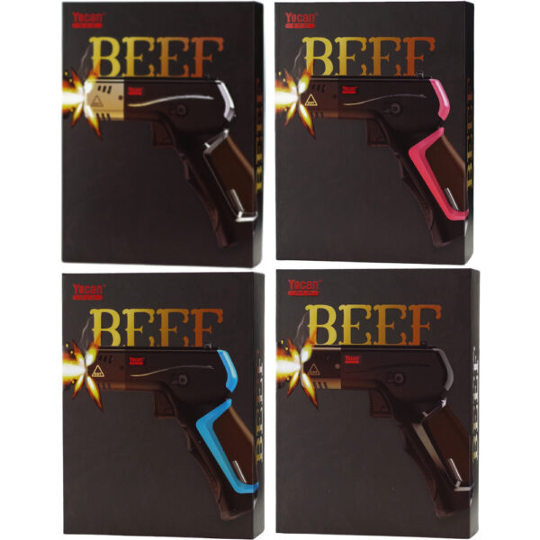 Four boxed versions of a toy blaster labeled BEEF, arranged in a 2x2 grid on a white background. Each box shows a black rectangular package with a large stylized blaster graphic and a different accent color: gold, pink, and blue.