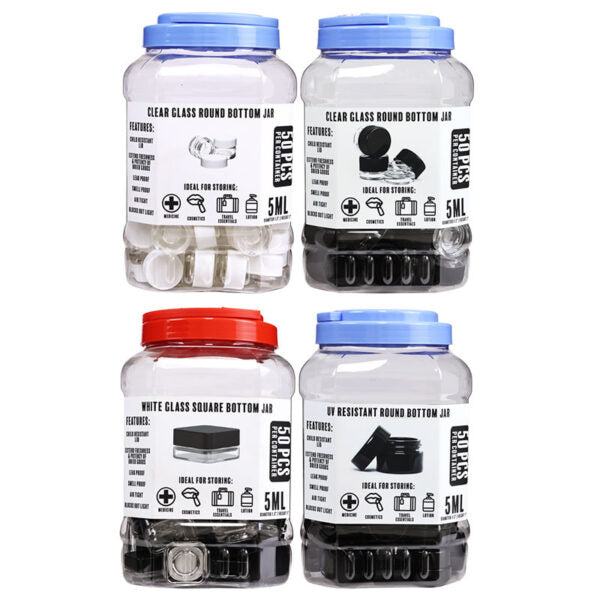 Four clear plastic storage jars arranged in a 2x2 grid on a white background, each with a printed label and a colored lid. The lids are blue, blue, red, and blue.