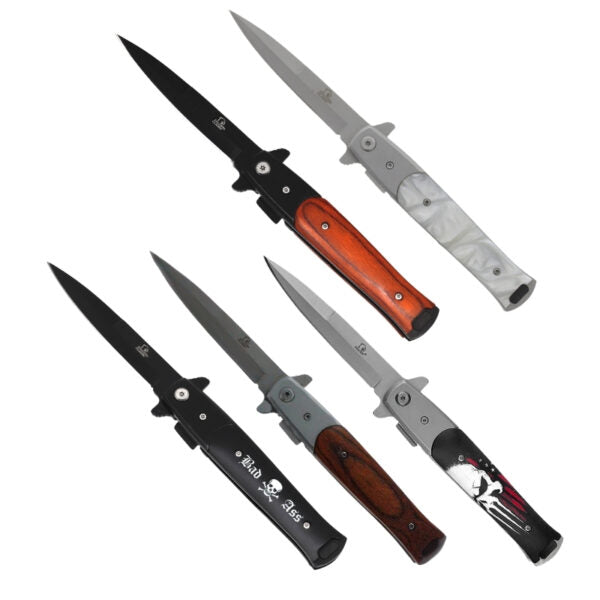Four folding pocket knives arranged diagonally on a plain white background, showing different handle finishes and one with a skull graphic.