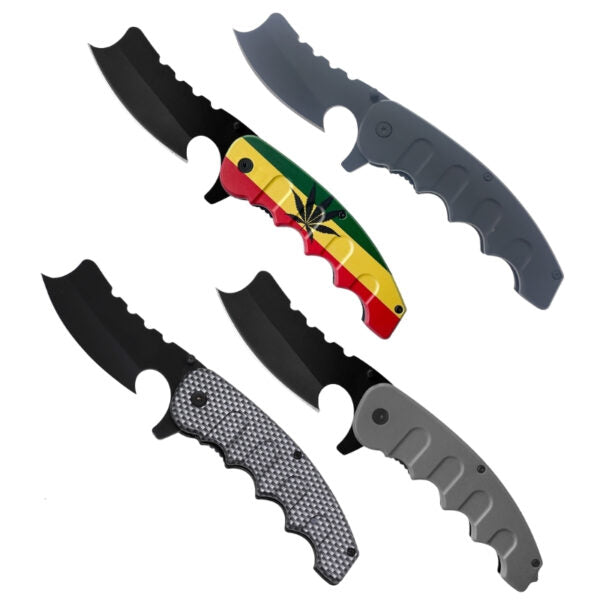 Four folding pocket knives arranged on a plain white background, showing different handle designs and finishes: two with black blades, one with a red-yellow-green handle and one with a gray textured handle.