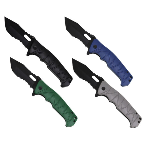 Four folding pocket knives with black blades arranged diagonally on a white background, featuring handles in black, blue, green, and gray.