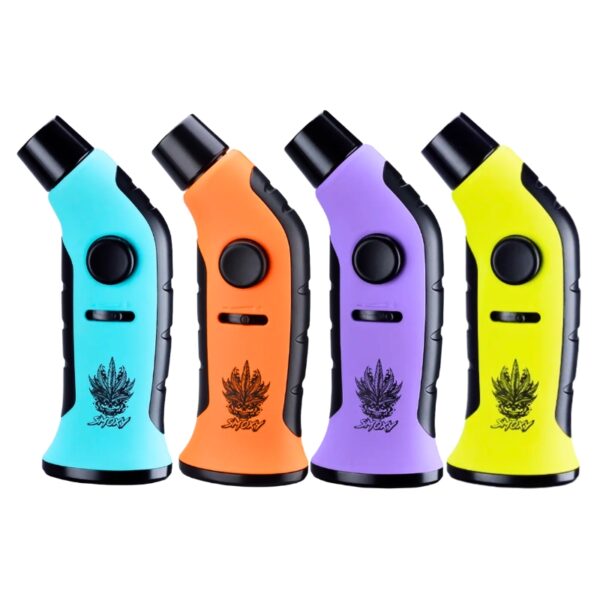 Four handheld torch lighters in different colors (light blue, orange, purple, and neon yellow) lined up side-by-side on a plain white background. Each lighter features a black spray nozzle, a black power button, and a black cannabis leaf logo with the brand name 'smoxy' printed below it.