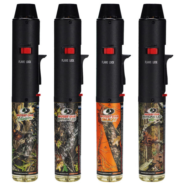 Four hunting flare light products shown side by side on a white background, each with a black top section, red flame lock switch, and a lower camouflage-print section in different designs.