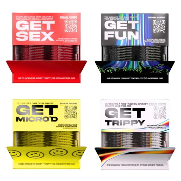 Four packaged psychoactive capsules arranged in a 2x2 grid on a white background. The packages are red, black, yellow, and white with bold text reading 'GET SEX', 'GET FUN', 'GET MICRO'D', and 'GET TRIPPY' respectively.