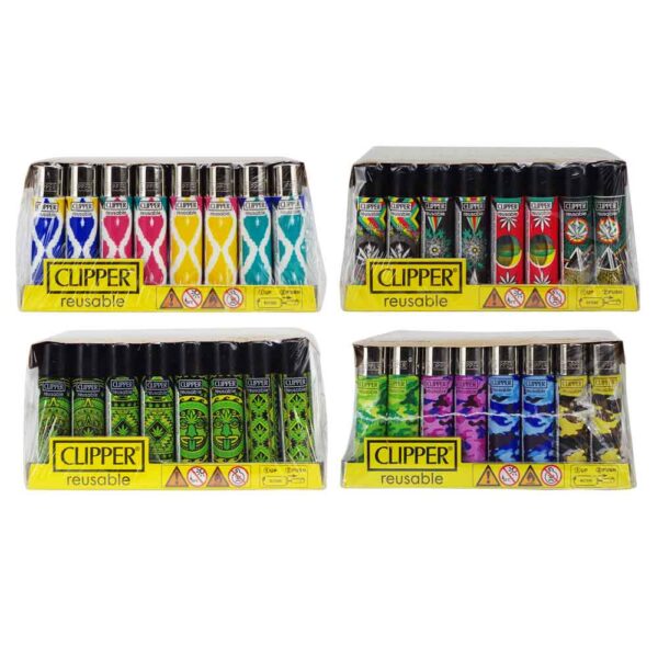 Four packs of reusable Clipper disposable lighters arranged in a 2x2 grid on a white background. Each pack contains multiple lighters with different colorful printed designs and metallic silver caps, all under clear plastic packaging with yellow Clipper branding.