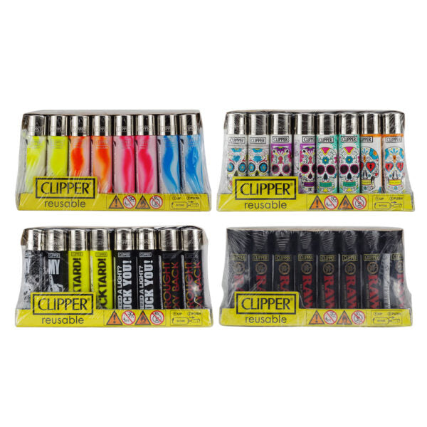 Four packs of reusable Clipper lighters arranged in a 2x2 grid on a white background. The packs include assorted colors and designs: neon yellow, orange, pink, and blue swirls; colorful sugar skull and heart patterns; black with white text; and black with red text.