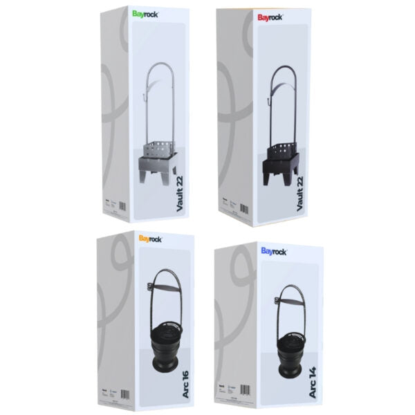 Four retail boxes of Bayrock steam nozzles arranged in a 2x2 grid on a white background. The boxes show different nozzle models: Vault 22, Arc 16, and Arc 14, in both silver and black versions.