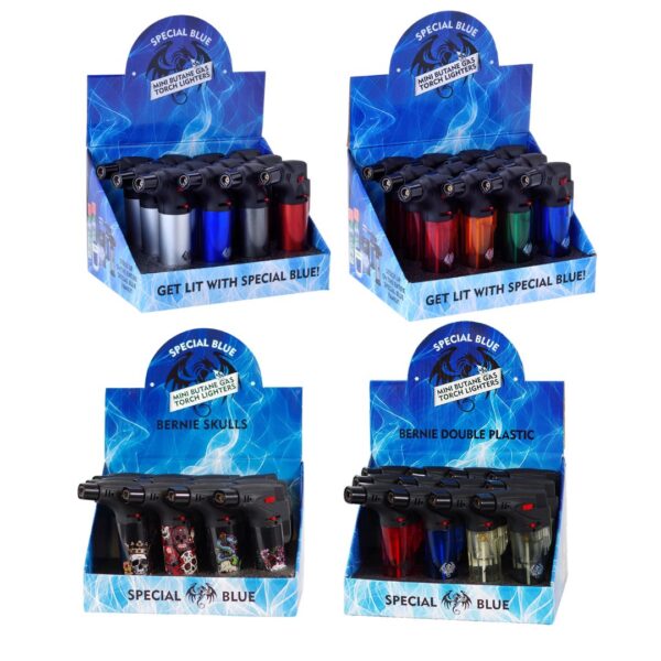 Four retail display boxes containing novelty lighter-style candles in assorted colors, arranged in a 2x2 grid on a white background. The packaging is blue and features text including 'SPECIAL BLUE', 'BERNIE SKULLS', and 'BERNIE DOUBLE PLASTIC'.