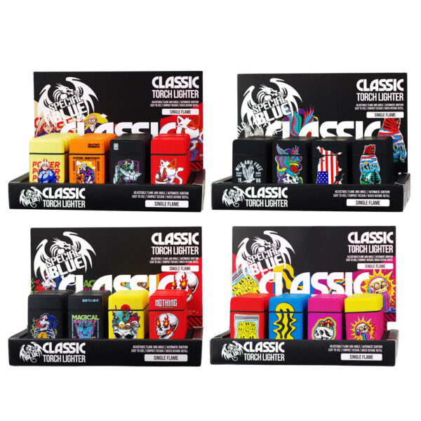 Four retail display stands of Classic Torch Lighter in assorted colors, arranged in a 2x2 grid on a white background. Each black display features multiple colorful lighter packs with various graphic designs.
